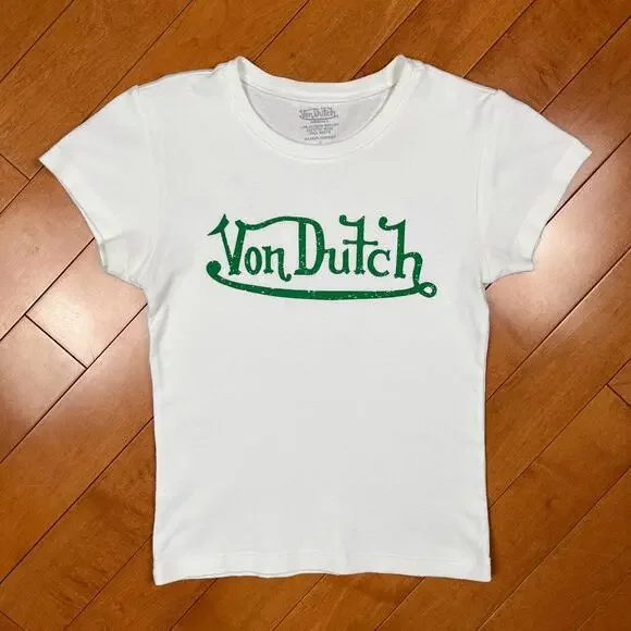 Y2K Von Dutch Logo Graphic Baby Tee White Green Babydoll T Shirt Vintage - Picture 2 of 15